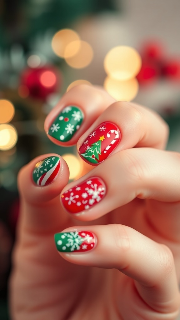 Short nails painted with Christmas designs including snowflakes and trees in red and green.